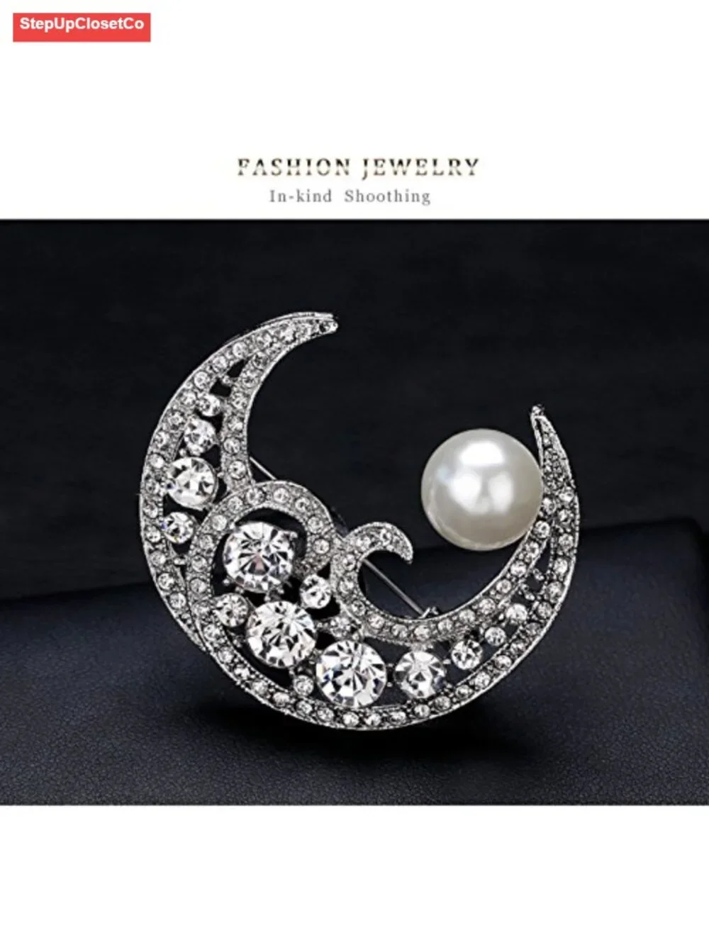 Crystal Crescent Moon Brooch Pin, Freshwater Pearl Style, Gift for Mom Wife,